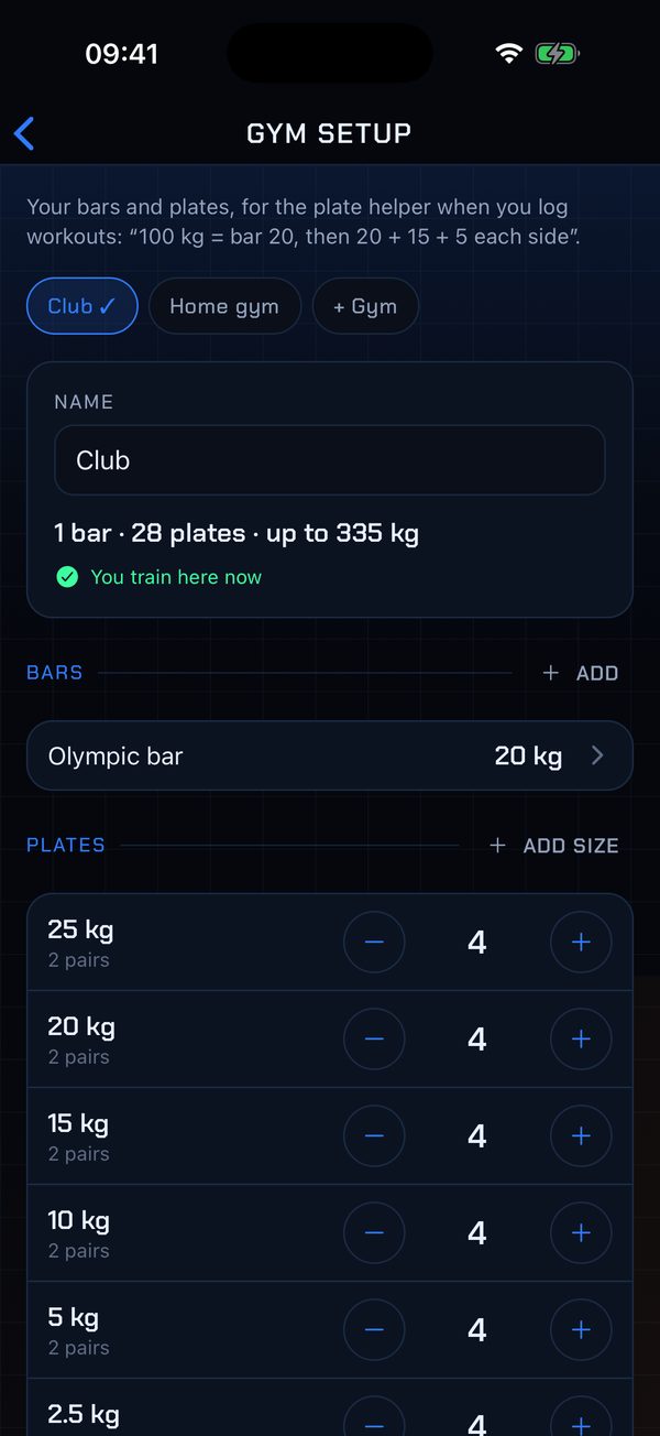 Gym setup: an Olympic bar and the plates available in your gym