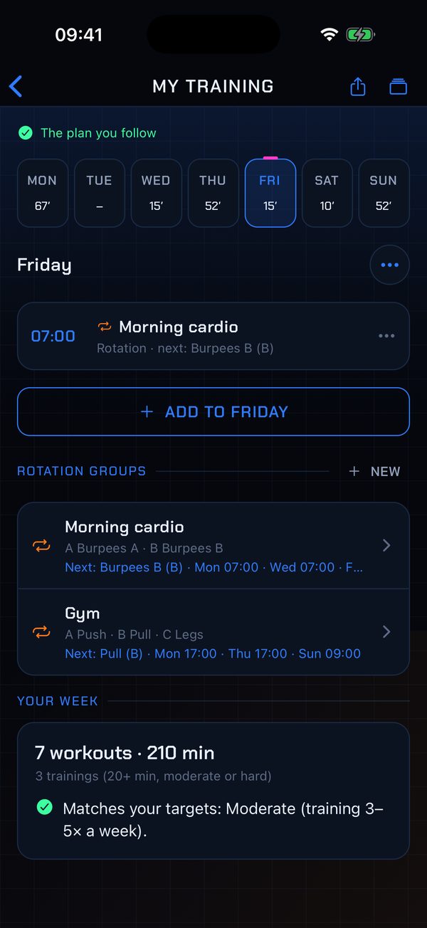 A workout plan with two rotation groups: morning cardio and a Push, Pull, Legs gym rotation