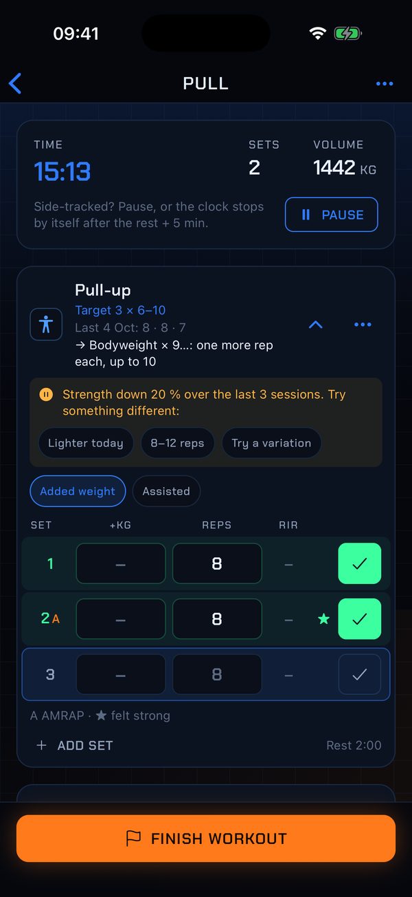 A workout in progress: pull-ups with logged sets, the timer and the volume so far
