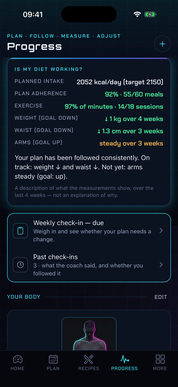 Progress: planned intake, adherence, exercise and the trend of weight, waist and arms against the goal